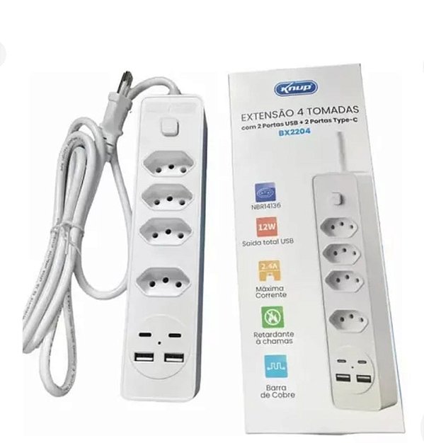 Extensao de energia 3 tomadas com 2 portas usb + 2 portas tipo c knup bx2203