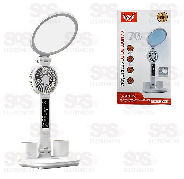 Luminaria de mesa com ventilador e ring light e relogio altomex al-b9005 recarregavel