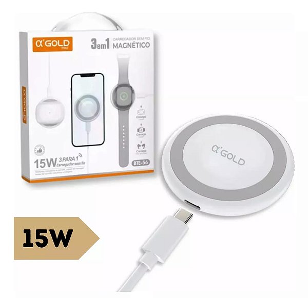 Carregador magnetico  3 em 1 15w para relogio e celular