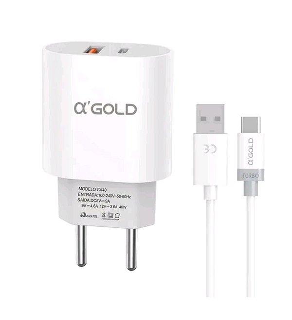 Carregador de celular turbo 40w 9.1a 2 em 1 entrada tipo c e ios para iphone