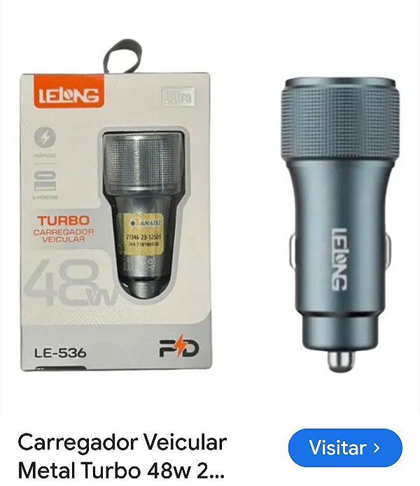 Carregador veicular turbo 48w usb+tipo-c lelong le-536