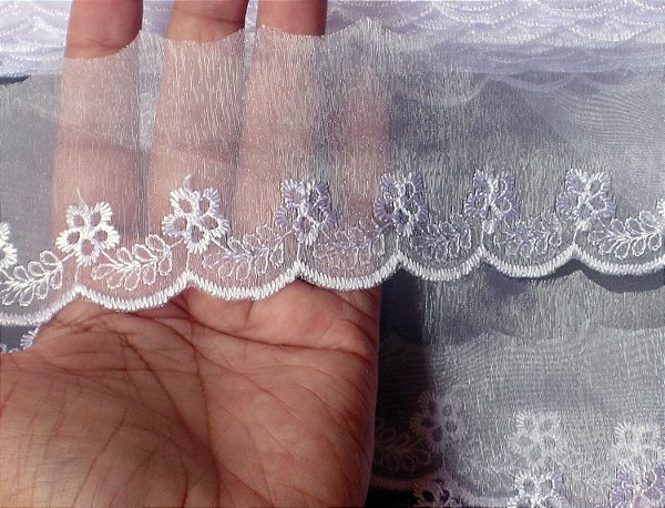 BO02 - 5,00cm x 13,70m | Renda Organza Bordado 100% Poliéster Branco