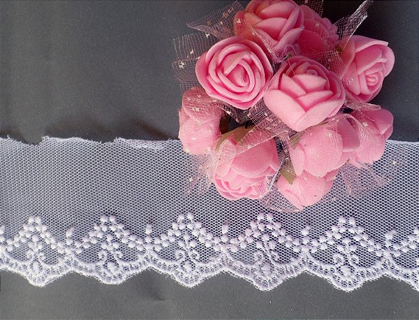 BT013 - 4,50cm x 13,70m | Renda Tule Bordado 100% Poliéster Branco