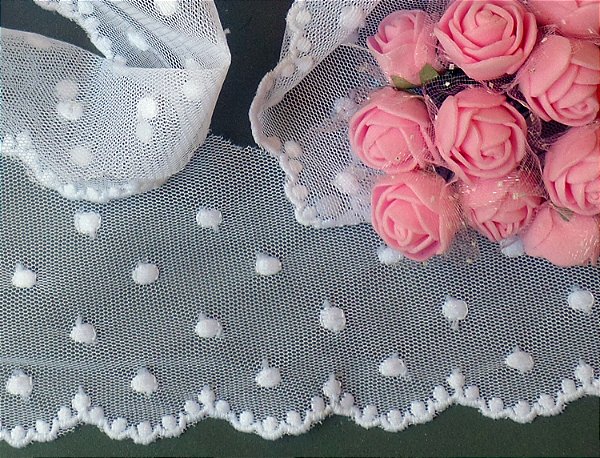 BT022 - 6,50cm x 13,70m | Renda Tule Bordado 100% Poliéster Branco