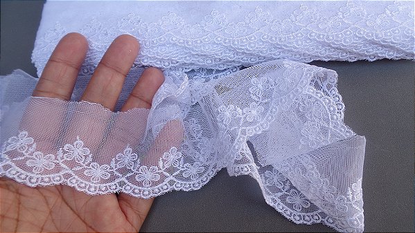 BT027 - 5,00cm x 13,70m | Renda Tule Bordado 100% Poliéster Branco