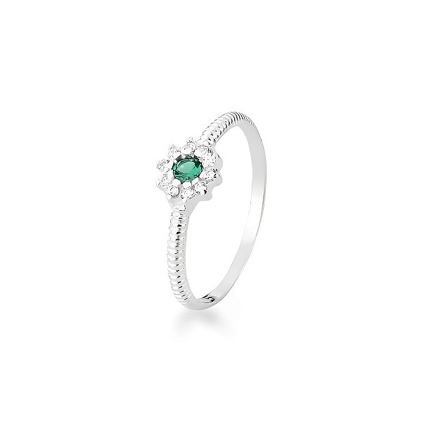 Anel de Formatura Flor Cravejada Prata 925 Verde