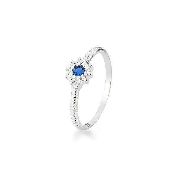 Anel de Formatura Flor Cravejada Prata 925 Azul