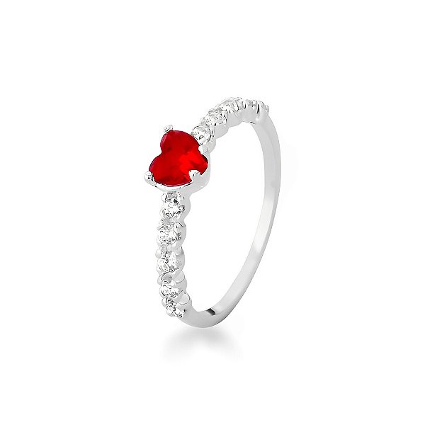 Anel Cravejado Coração de Ruby Prata 925