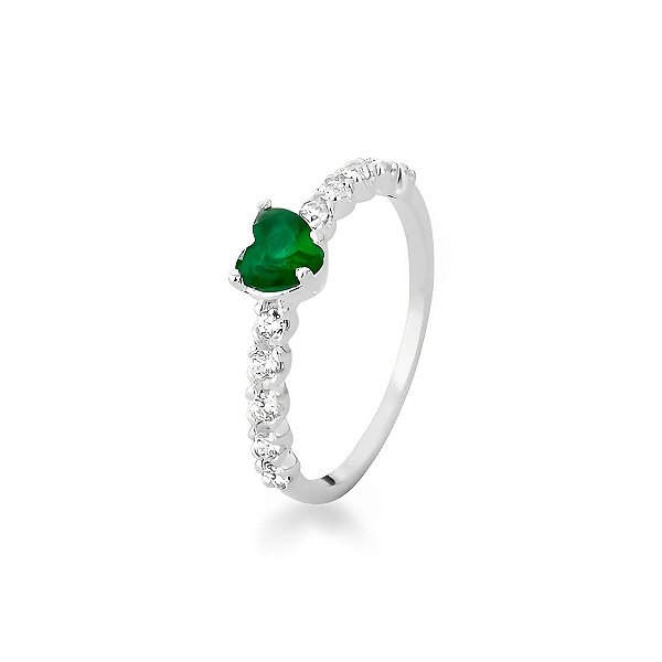 Anel Cravejado Coração Prata 925 Verde