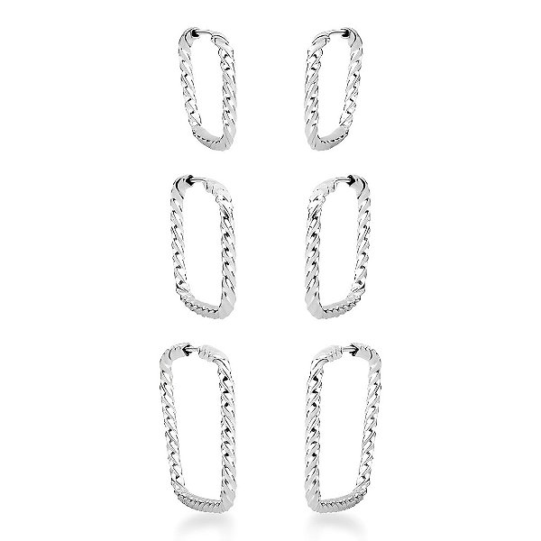 Trio de Brinco Argola Quadrada Torcida Prata 925