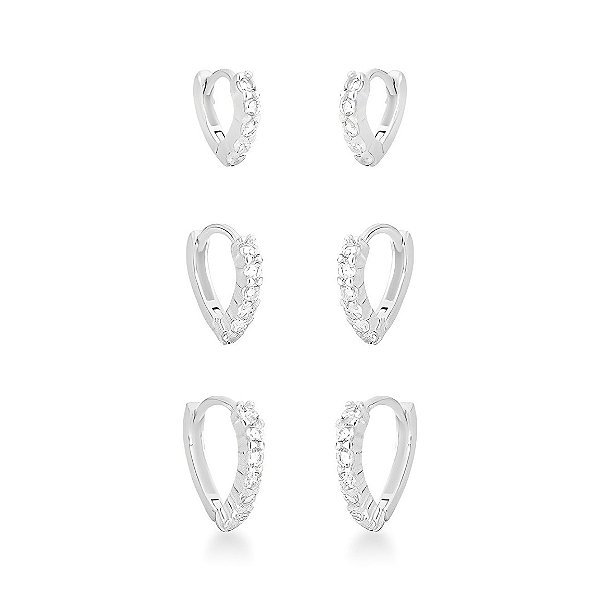 Trio de Brinco Argola de Cristal Cravejado Prata 925
