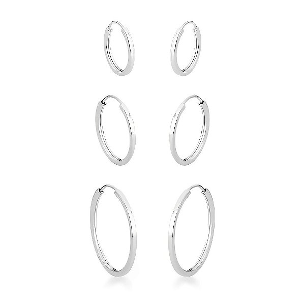Trio de Brinco Argola Redondo Prata 925