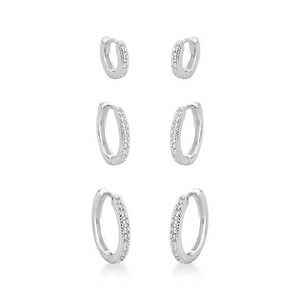Trio de Brinco Argola Cravejada Prata 925