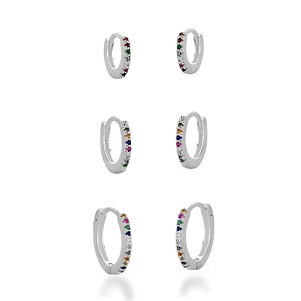 Trio de Brinco Argola Cravejada Colorida Prata 925