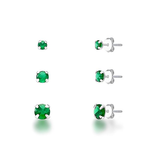 Trio de Brinco Ponto de Luz Prata 925 Verde
