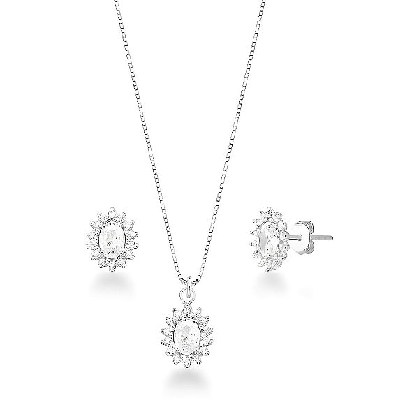 Conjunto Cravejado Pedra Oval Prata 925