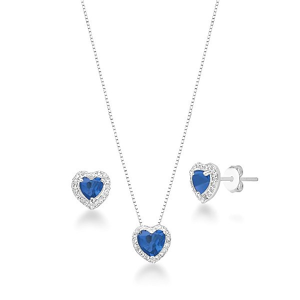 Conjunto Cravejado Pedra Coração Azul Prata 925
