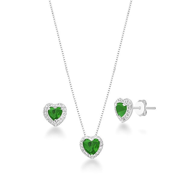 Conjunto Cravejado Pedra Coração Verde Prata 925