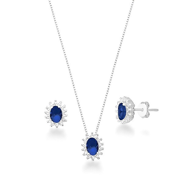 Conjunto Cravejado Pedra Oval Prata 925 Azul