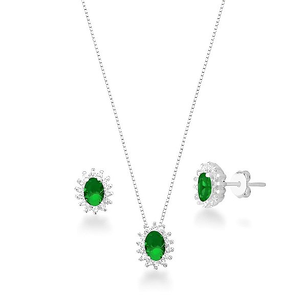 Conjunto Cravejado Pedra Oval Prata 925 Verde