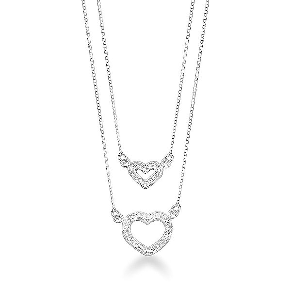 Colar Duplo Cravejado de Corações Prata 925