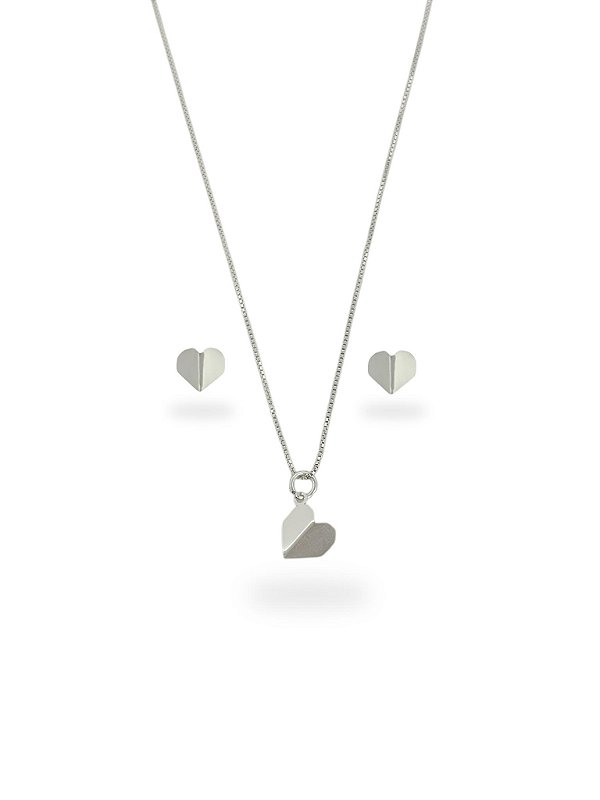 Conjunto Metade de Mim Coração Origami Prata 925
