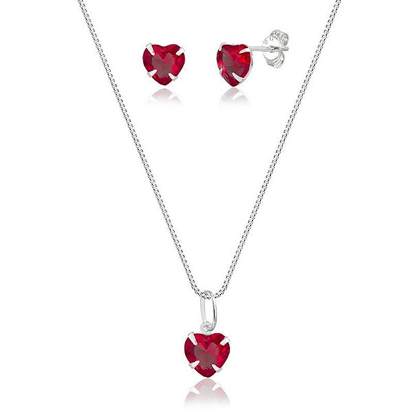 Conjunto Amor Intenso com Pedra em Formato de Coração Prata 925