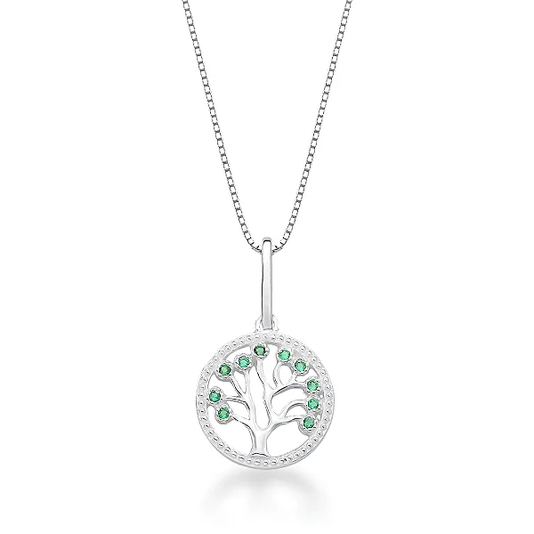 Colar Árvore da Vida com Zircônias Verdes em Prata 925
