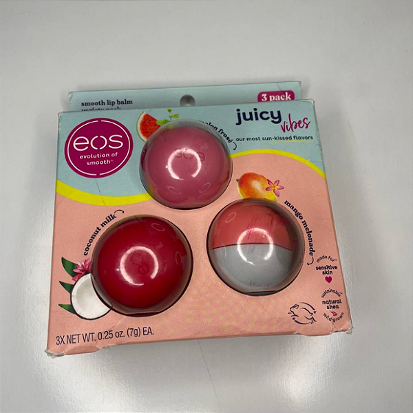 Kit de Lip Balm EOS Juicy Vibes | Cores: Coconut Milk, Watermelon Frosé, Mango Melonade (Caixa danificada)