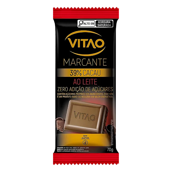 Chocolate ao Leite Zero Açúcar Vitao | Sabor Marcante 70g | 39% Cacau