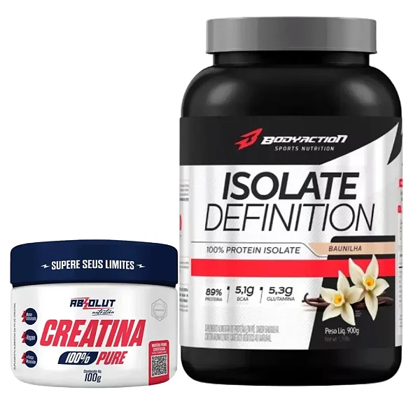 Kit Creatina 100% Pura Absolut Nutrition 100g + Whey Isolate Definition Bodyaction 900g Baunilha