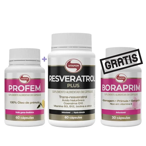 Kit Vitafor - Resveratrol Plus 60 cápsulas + Profem 60 cápsulas + GRÁTIS Boraprim 30 cápsulas
