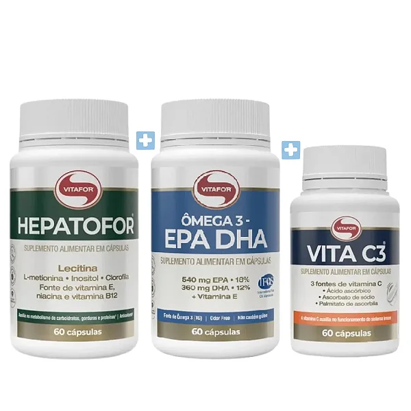 Kit Vitafor - Hepatofor 60 cápsulas + Ômega 3 EPA DHA 60 cápsulas + Vita C3 60 cápsulas