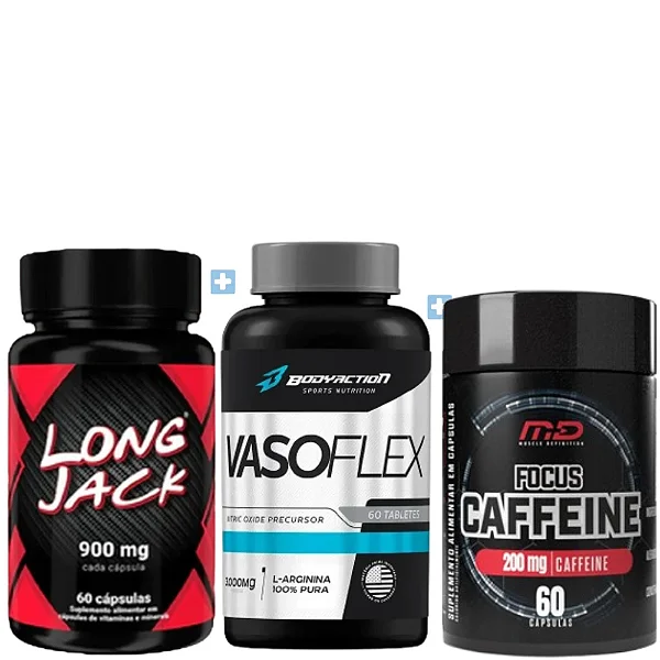 Kit Força & Foco | Long Jack União Vegetal 900mg + Cafeína Muscle 200mg + Vasoflex Bodyaction 3000mg