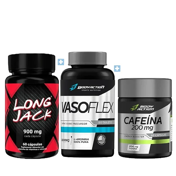 Kit Força & Foco | Long Jack União Vegetal 900mg + Cafeína Bodyaction 200mg + Vasoflex Bodyaction 3000mg