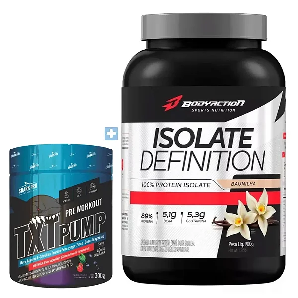 Kit Pré-Treino TXT Pump Açaí & Guaraná Shark Pro 300g + Whey Isolate Definition Baunilha Bodyaction 900g