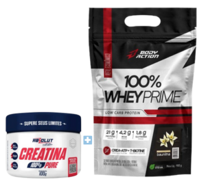 Kit 100% Whey Prime Bodyaction Baunilha 900g + Creatina 100% Pura Absolut 100g