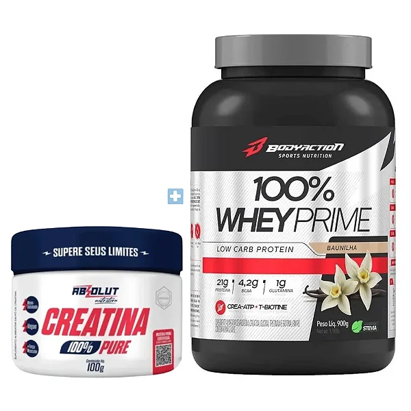 Kit 100% Whey Prime Bodyaction Baunilha 900g + Creatina 100% Pura Absolut 100g
