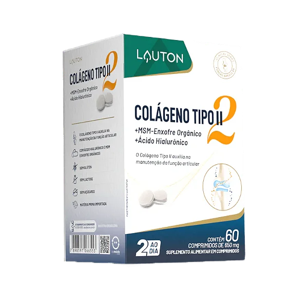 Colágeno Tipo II + MSM-Enxofre Orgânico+Ácido Hialurônico Lauton 60 comprimidos 650mg