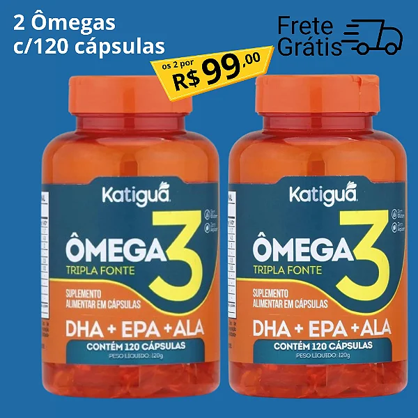 2 Frascos do Ômega 3 Tripla Fonte DHA+EPA+ALA Katiguá 1000mg 120 cápsulas