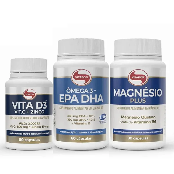 Kit Vitafor - Vita D3+C+Zinco 60 cápsulas + EPA DHA 60 cápsulas + Magnésio Plus 90 cápsulas