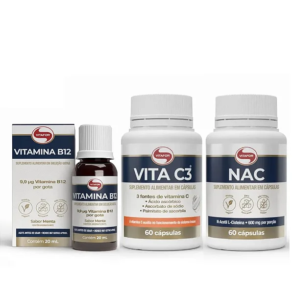 Kit Vitafor - Vitamina B12 Líquida 20ml + Vita C3 60 cápsulas + NAC 60 cápsulas