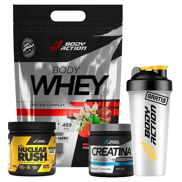 Kit Bodyaction - Body Whey 900g + Creatina 100% 150g + Pré-treino Nuclear Rush 100g + Coqueteleira Grátis
