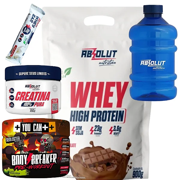 Kit Absolut - Whey High Protein 900g +Creatina Pura 150g +Pré-treino Body Breaker 200g +Coqueteira +Barra de Proteína