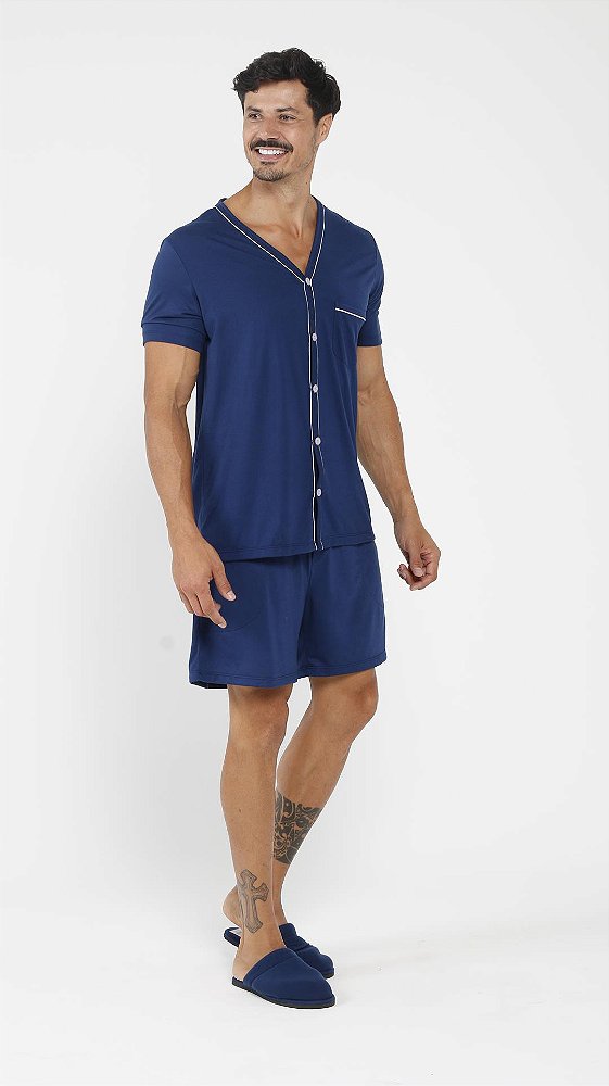 Pijama Masculino Curto Abotoado Azul-marinho