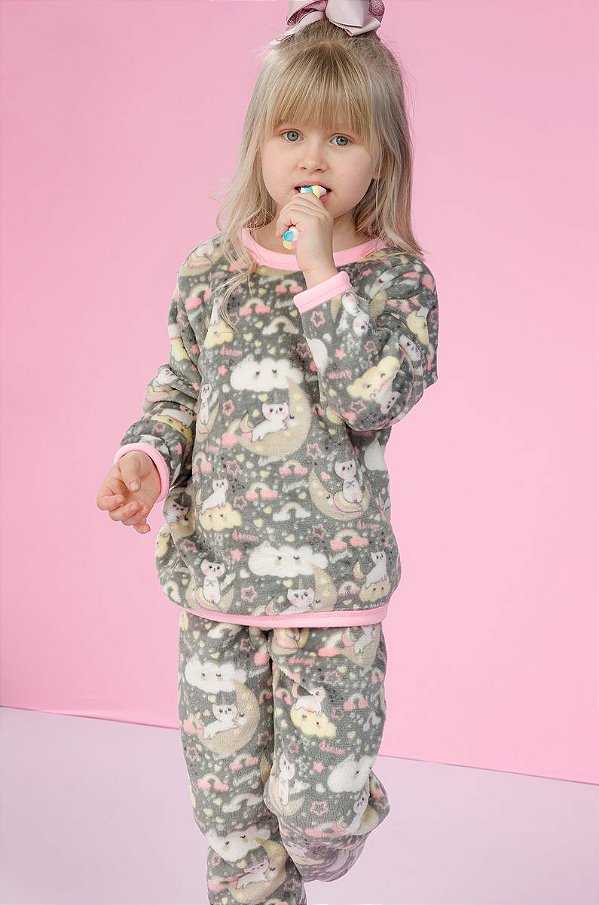 Pijama Infantil de Menina Longo em Fleece Gatinho