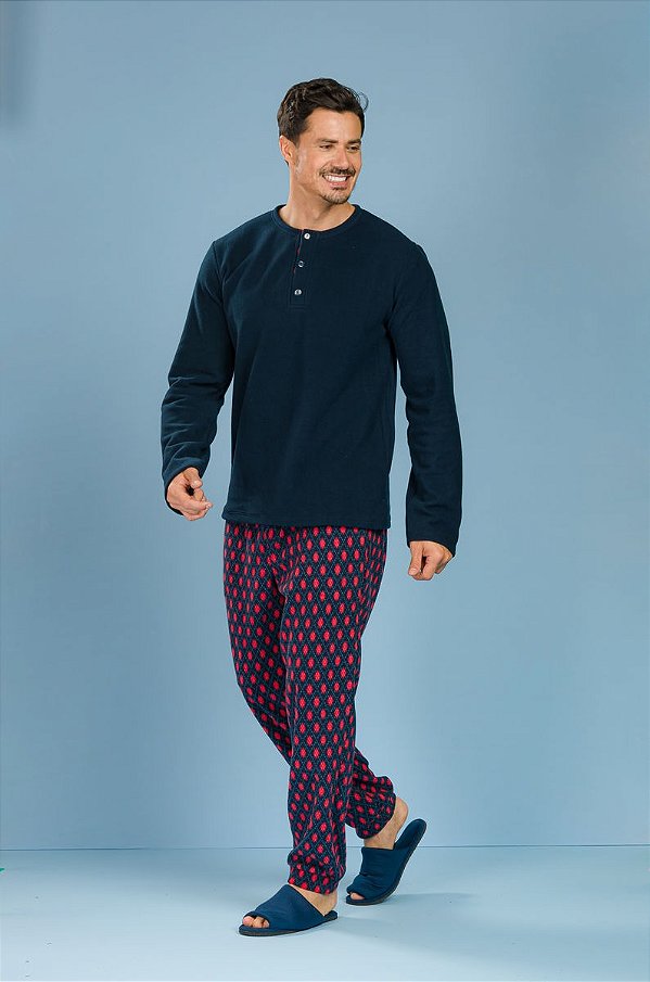 Pijama Masculino Longo 3 botões em Soft Azul e Calça em Losangos