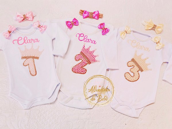 Kit 3 Bodys mêsversario Princesa Luxo