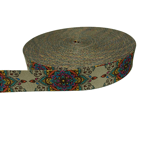 ALÇA ACETINADA 30MM ESTAMPADA COR MANDALA COLOR CRU 1 METRO