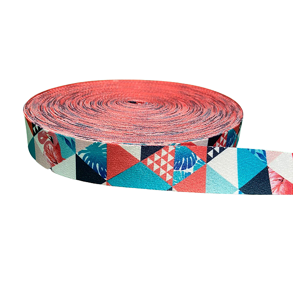 ALÇA ACETINADA 30MM ESTAMPADA COR TRIANGULO FLAMINGO 1 METRO
